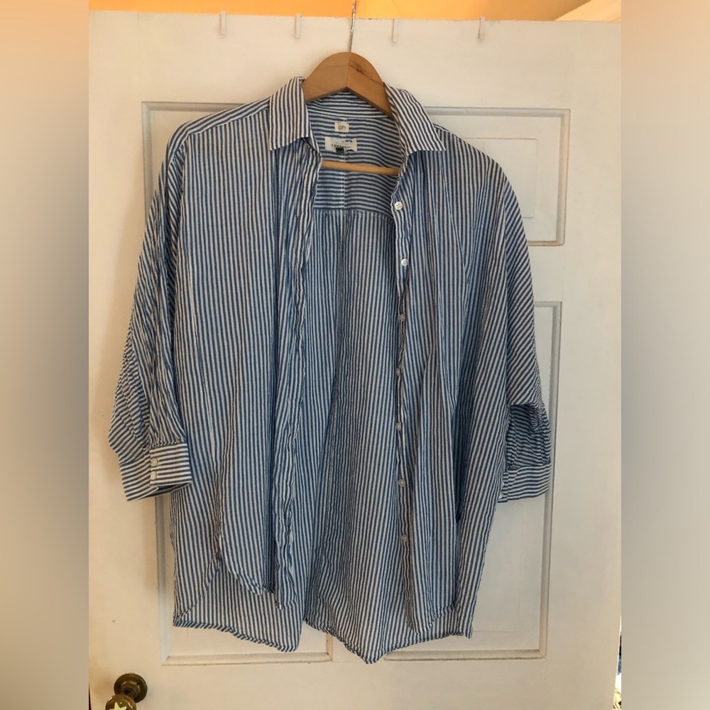 LOFT Blue and White Striped Casual Button-Down Shirt